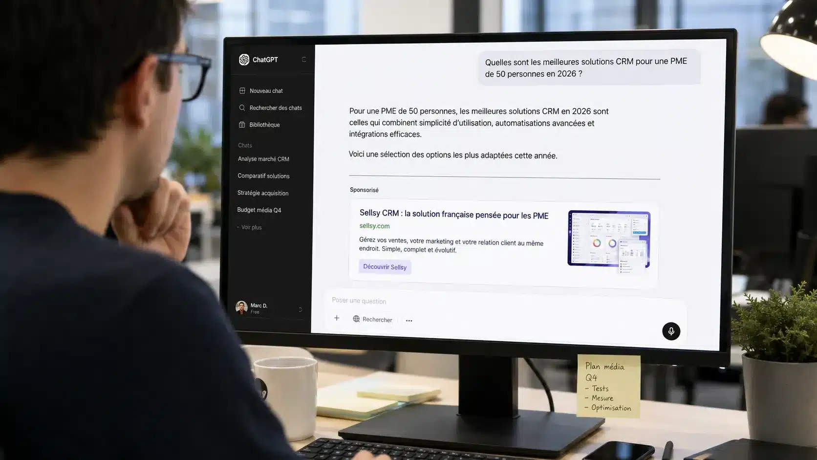 Responsable marketing consultant une publicité ChatGPT Ads sur son ordinateur