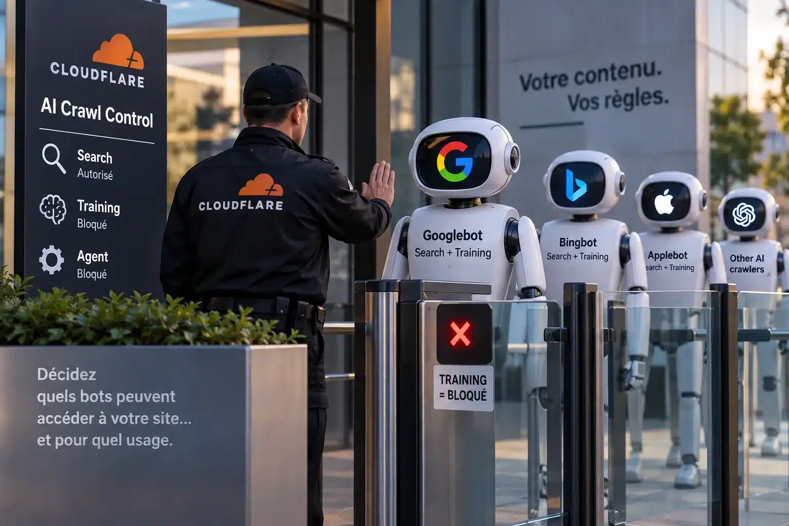 Cloudflare contrôlant l'accès de Googlebot et des bots IA à un site web