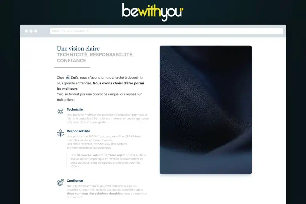 Page à propos du site Cofa Enduction, par BeWithYou