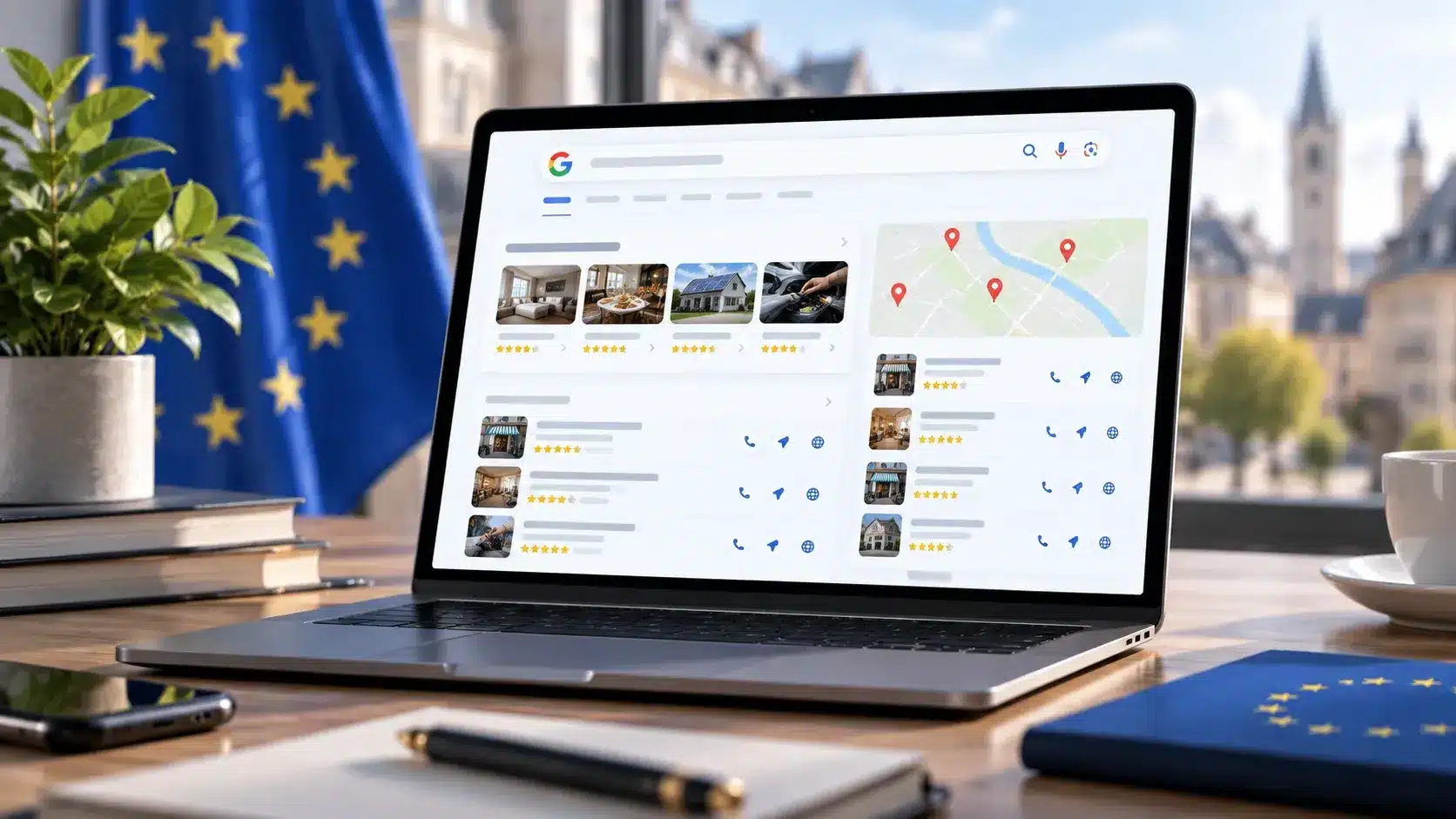 Résultats de recherche locale Google avec établissements et carte dans l'Union européenne