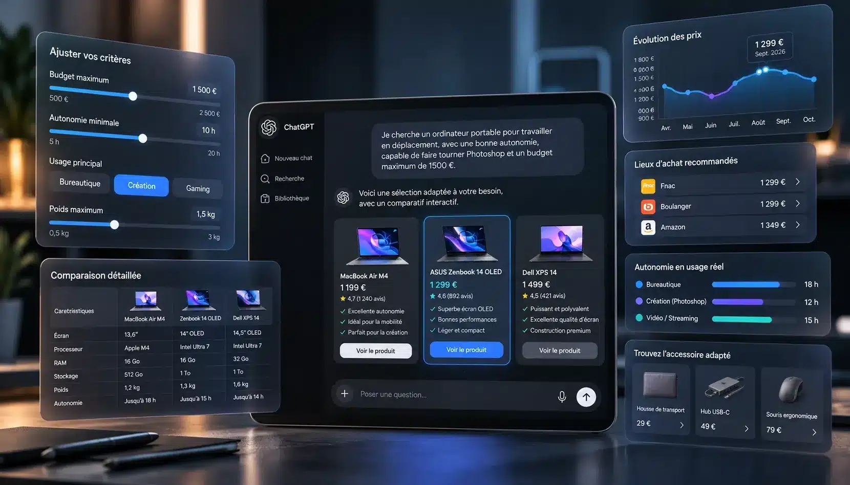 Interface interactive générée par intelligence artificielle dans ChatGPT avec graphiques, comparateurs et contrôles dynamiques