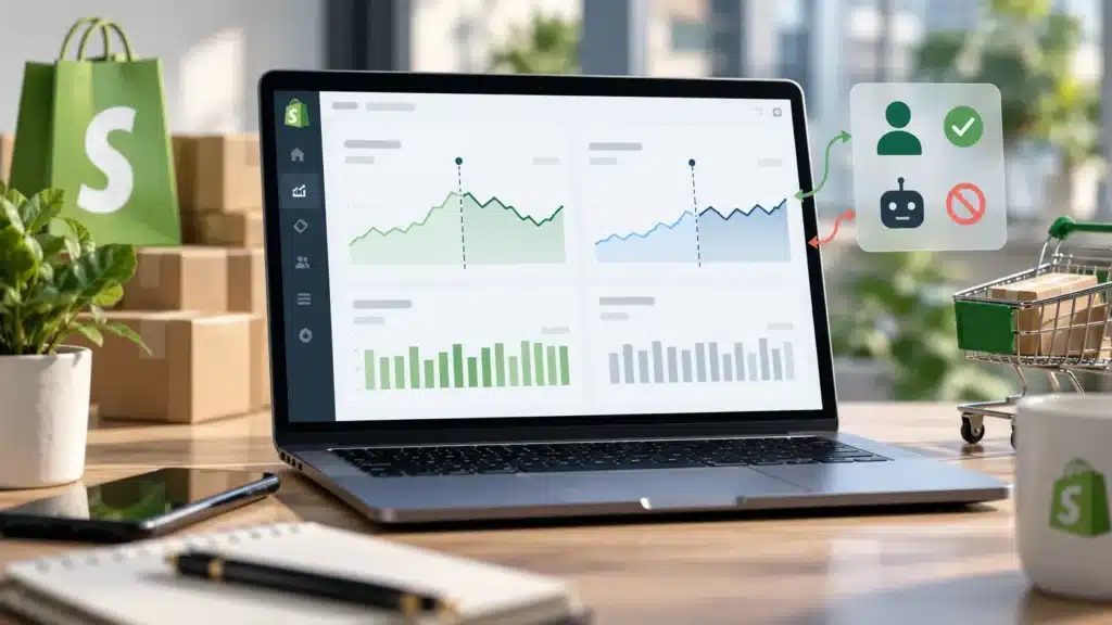 Tableau de bord Shopify Analytics illustrant le filtrage des bots et la nouvelle mesure des sessions