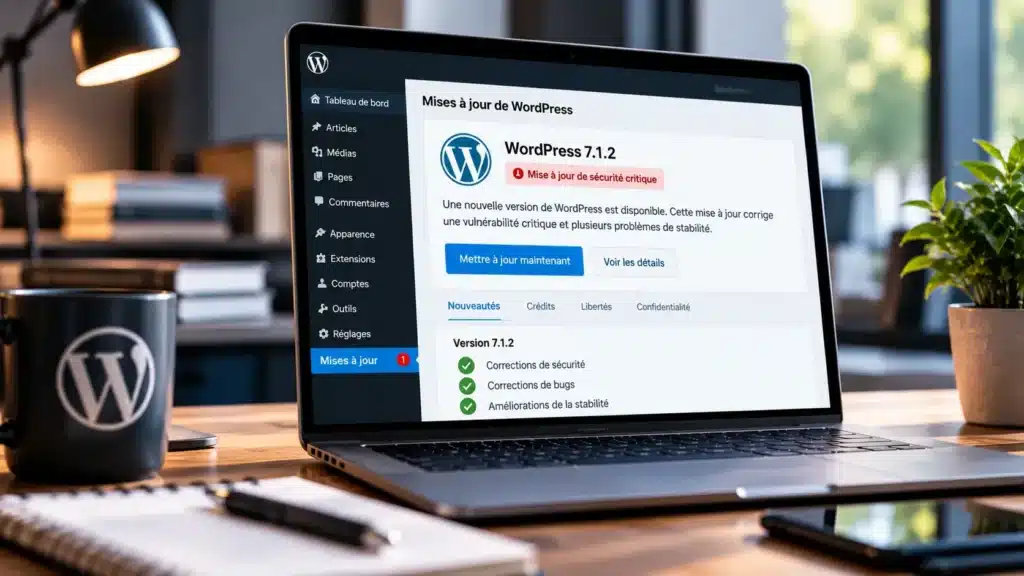 Écran d'administration WordPress illustrant une mise à jour de sécurité critique vers WordPress 7.1.2