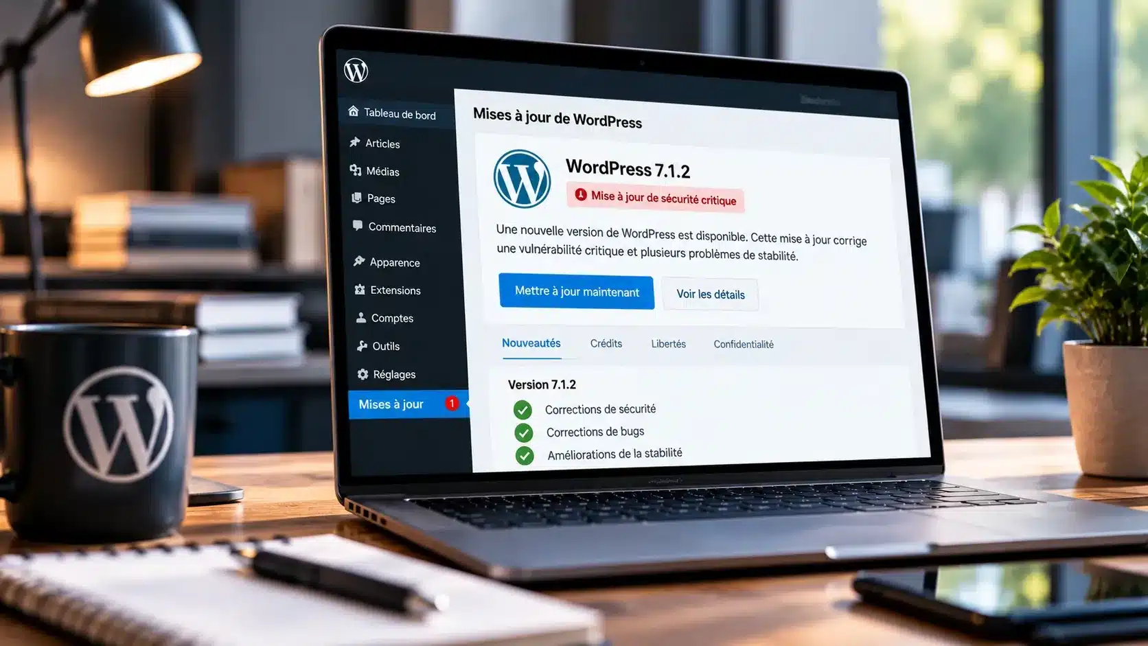 Écran d'administration WordPress illustrant une mise à jour de sécurité critique vers WordPress 7.1.2